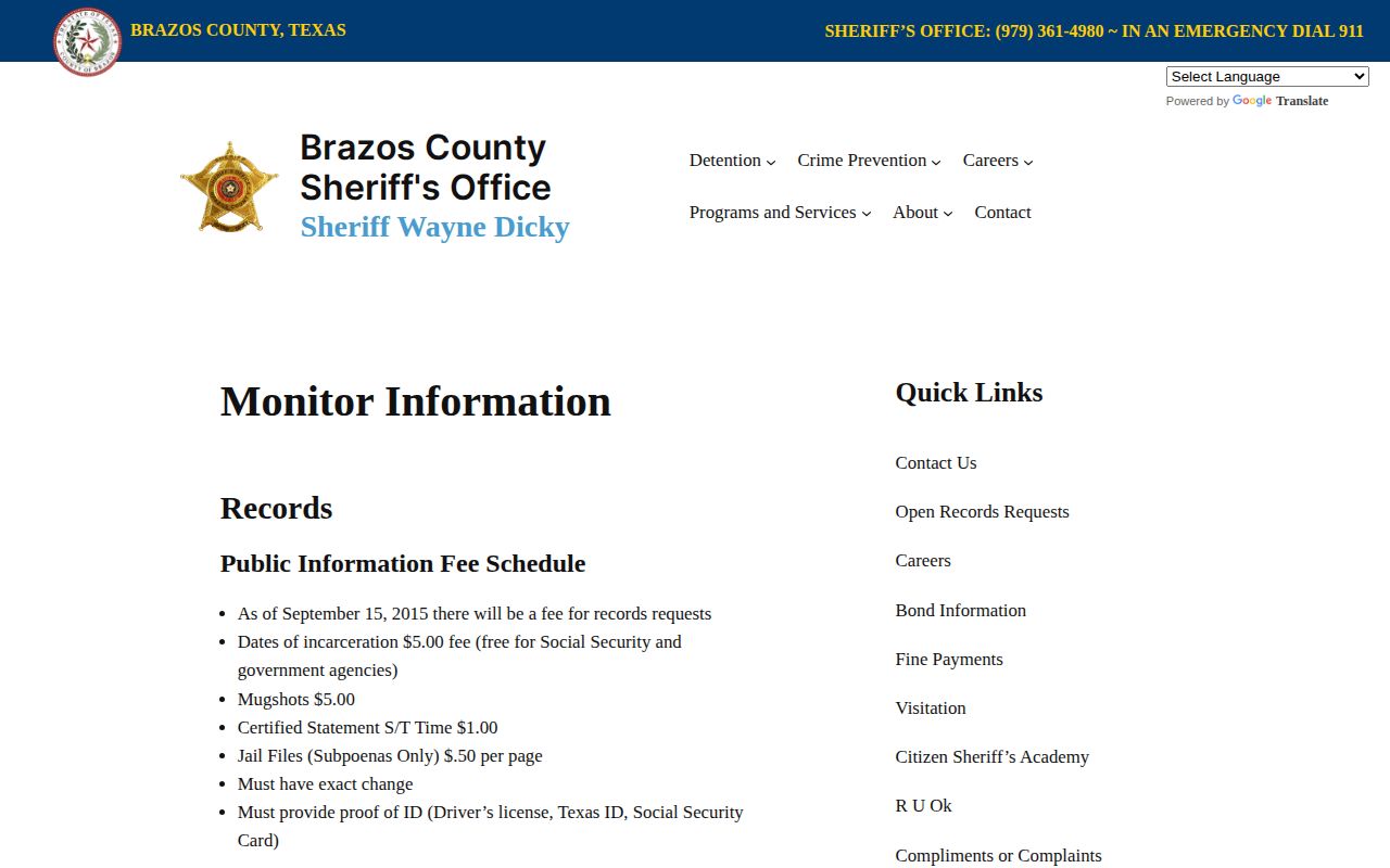 Brazos County mugshot record fee source